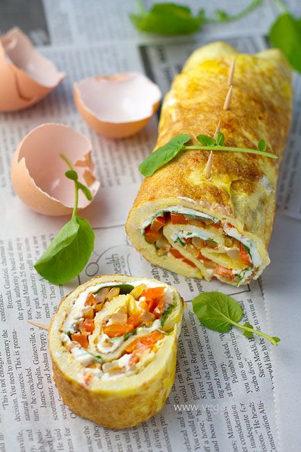 Omelette Rollups or Roulade with Smoky Fried Potatoes, Cream Cheese and Watercress