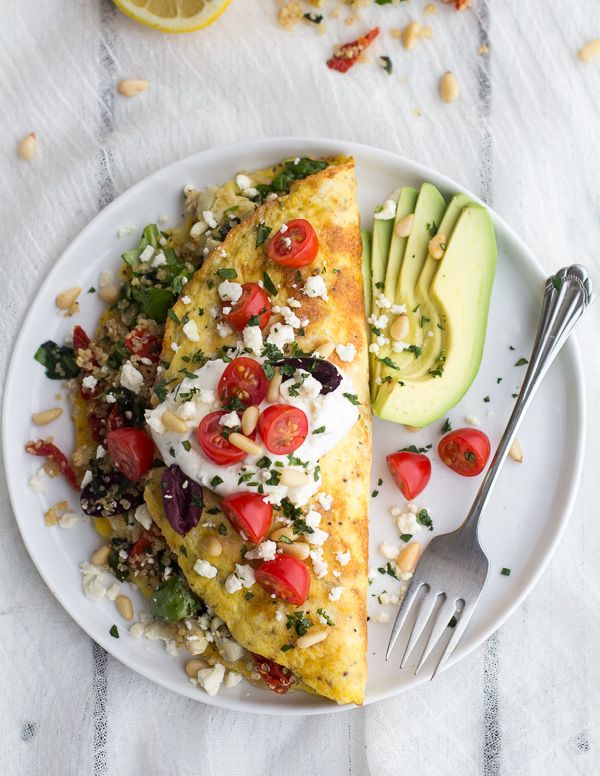 Simple Greek Quinoa Dinner Omelets with Feta and Tzatziki
