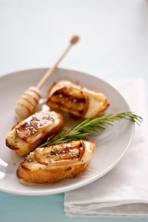 Grilled Pear, Brie, and Honey Crostini